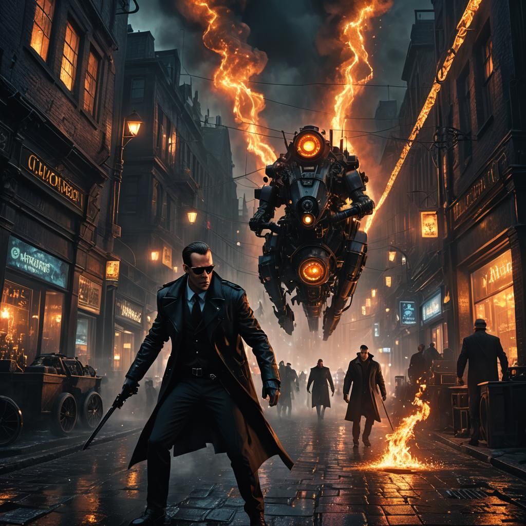 Neo Battles Agent Smith in Dark Fantasy Metropolis