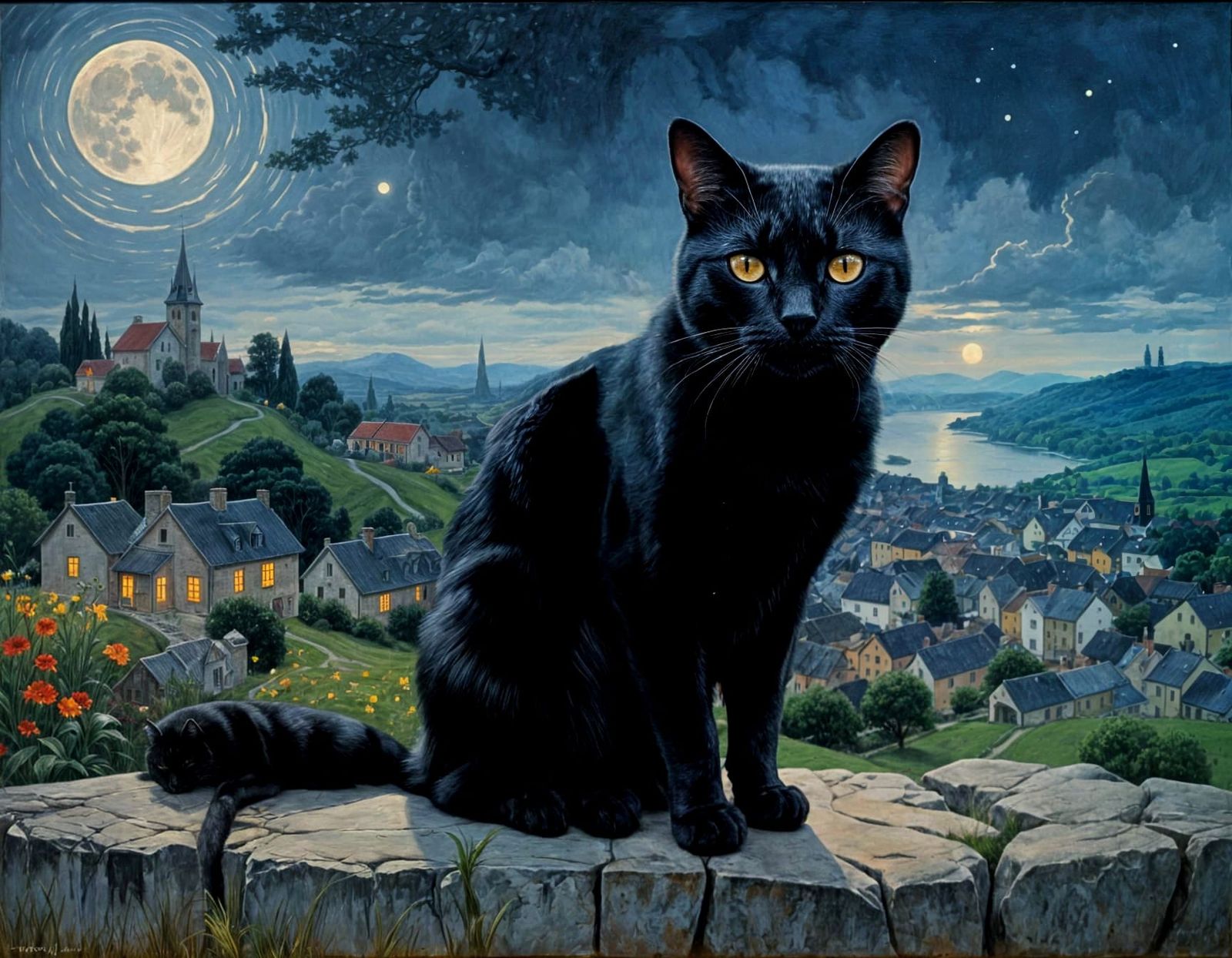 Regal Black Cat under Moonlit Village Night