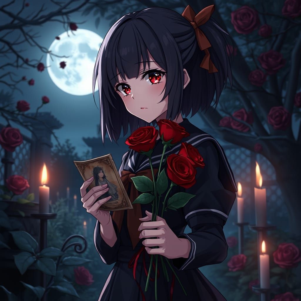 Dark Yandere Anime Goddess in Moonlit Garden