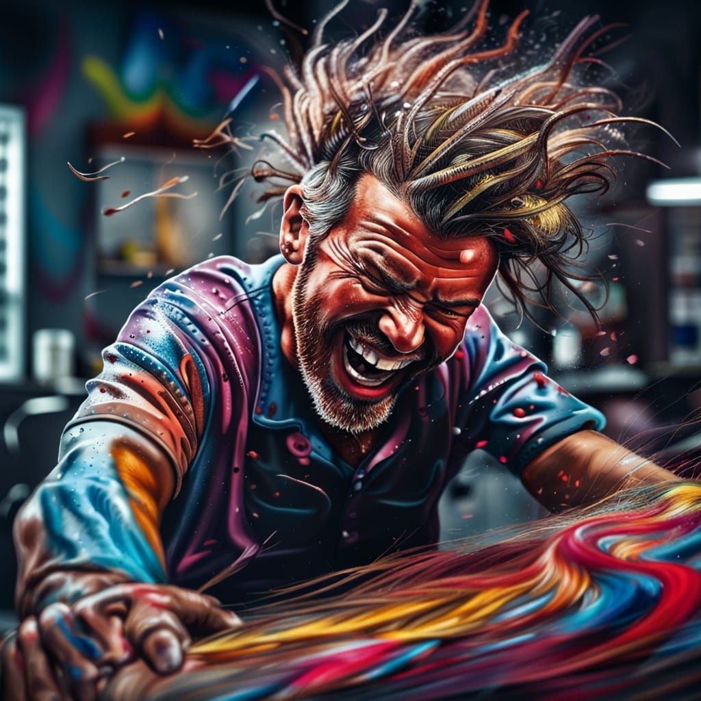 Barber Surrounded by Extremely Long Hair