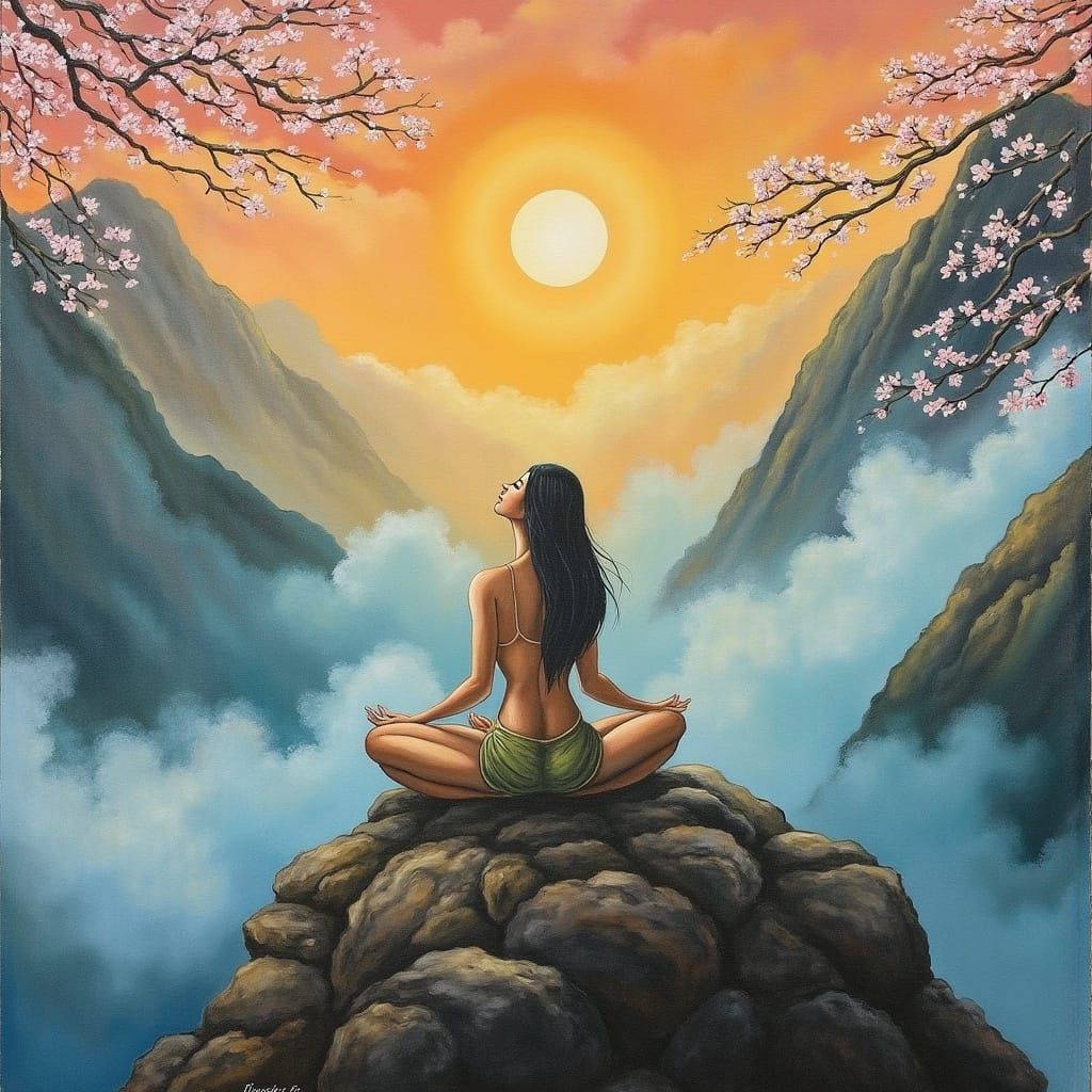 Meditative Woman on Mountain Peak in Ukiyo-e Style