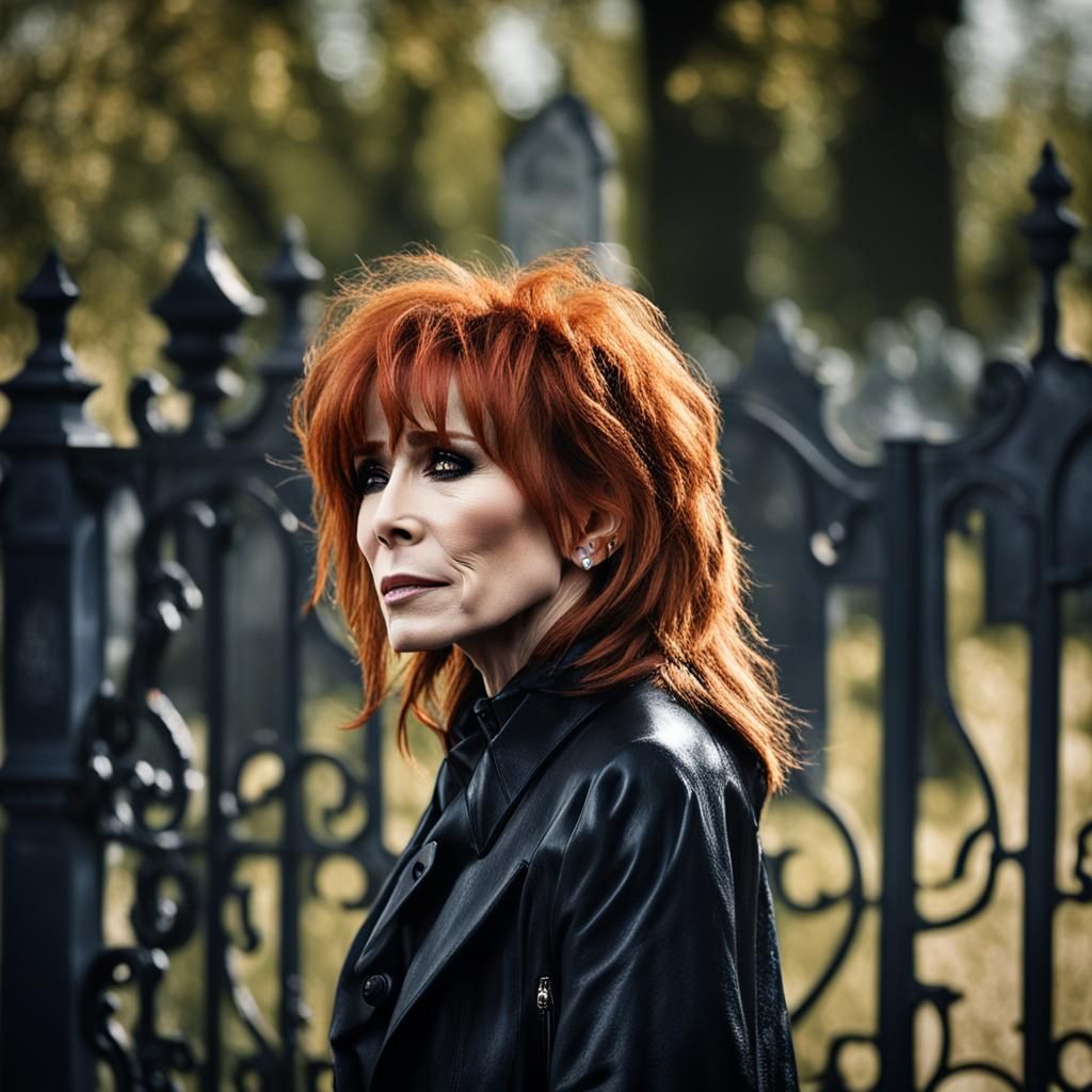 Mylène Farmer Portrait in Front of Cemetery Gate