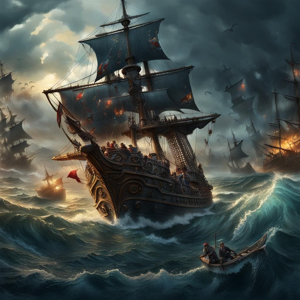 Pirate Ship Battle in Detailed Matte Painting