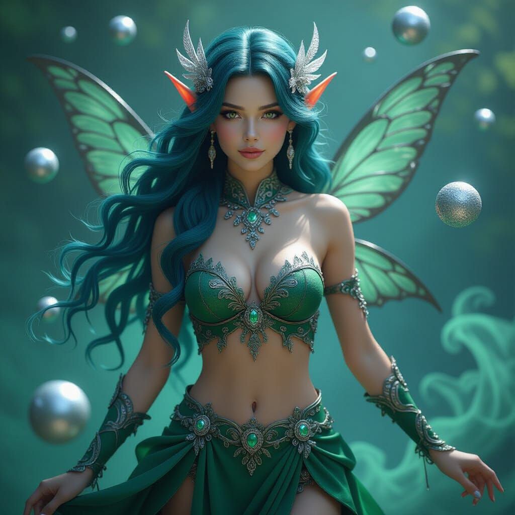 Detailed Fairy in Dark Green Smoke Surrounded by Silver Orbs