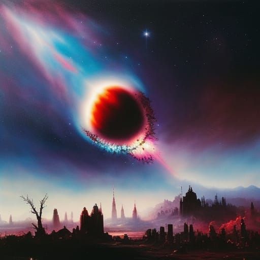 Nuclear Planetary Collision in Gothic Art Style