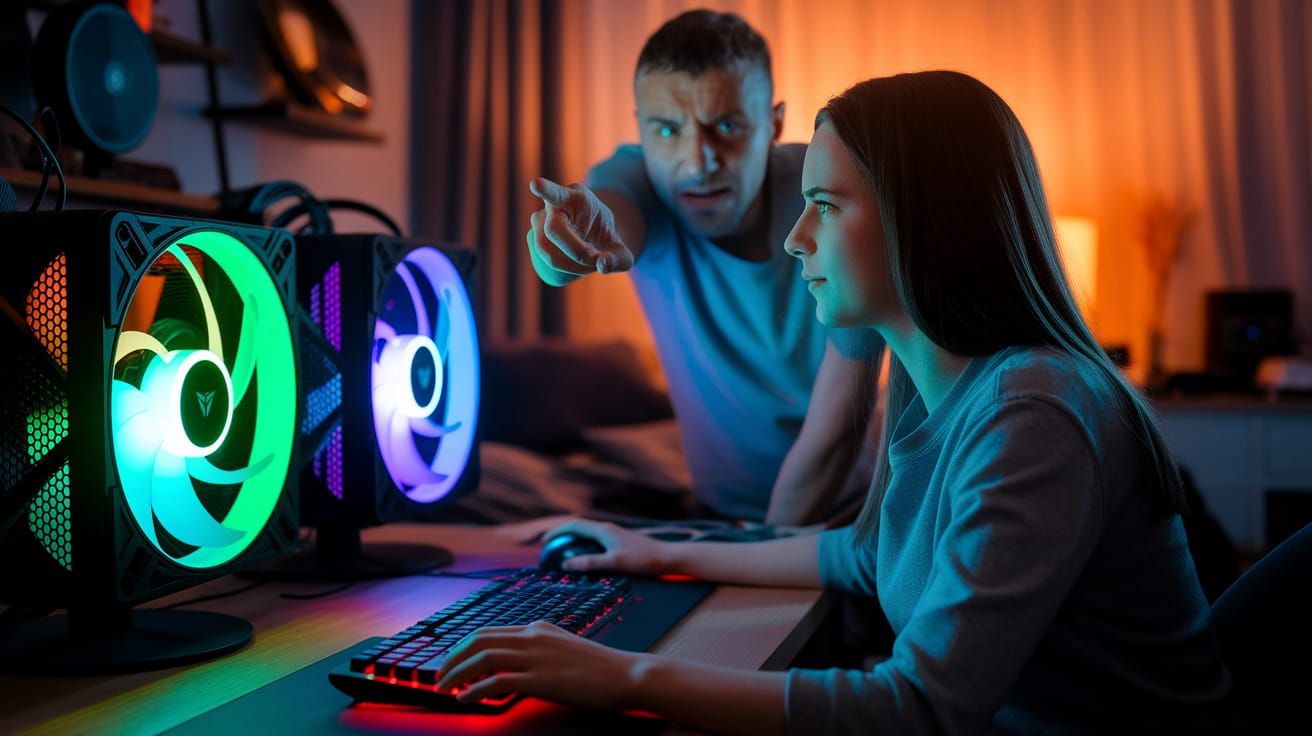 Gamer Girl Under Siege by Angry Neighbor in RGB Lit Bedroom