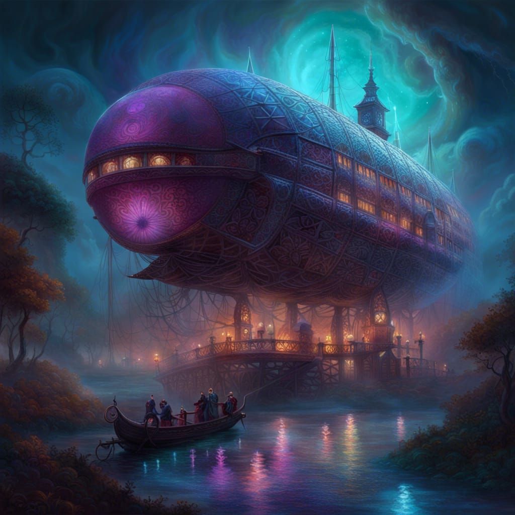 Baroque Airship in a Synthwave Fantasy Landscape
