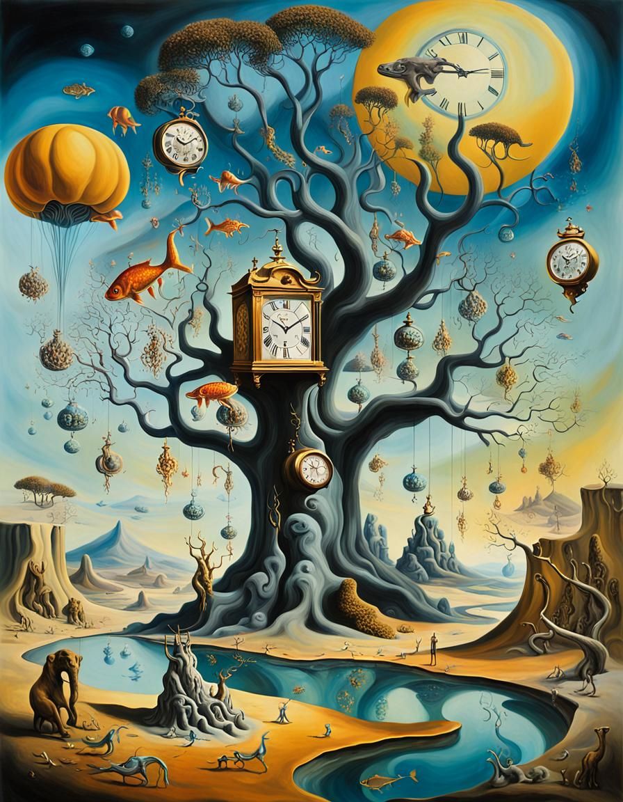 Surreal Dali Oil Painting with Melting Clocks