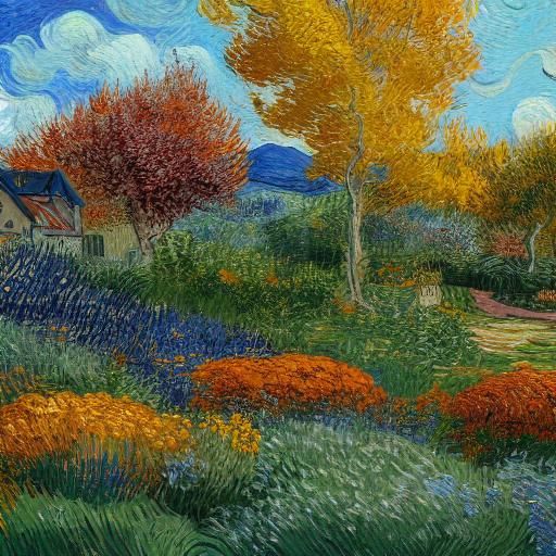 Autumn Garden in Van Gogh Style: Flowers and Pumpkins