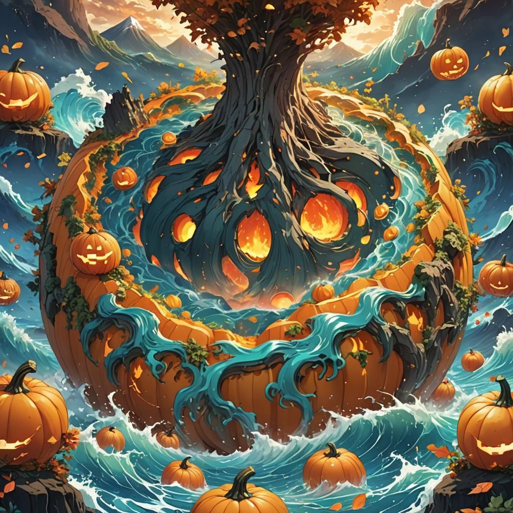 Volcanic Ocean Inside Pumpkin in Anime Style