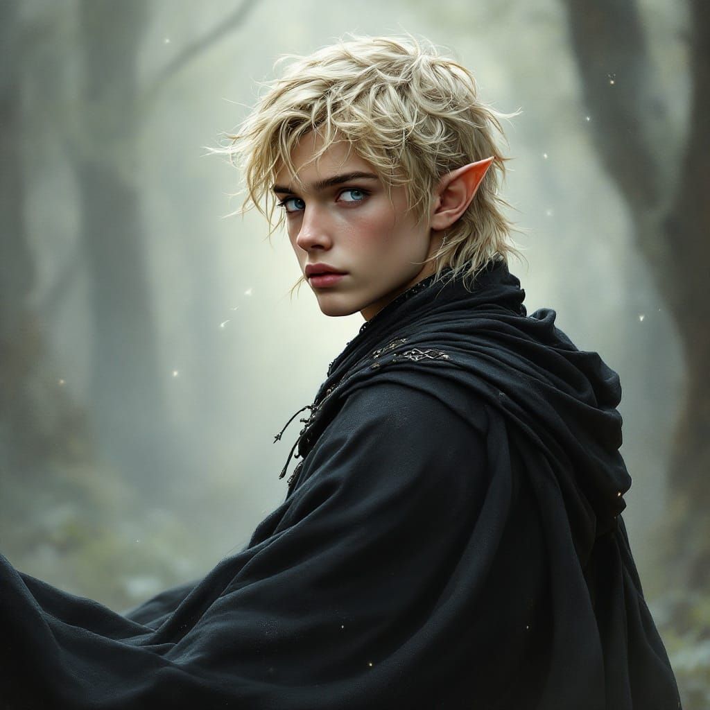 Mysterious Young Elf in Chainmail Armor Contemplates Moonlit...