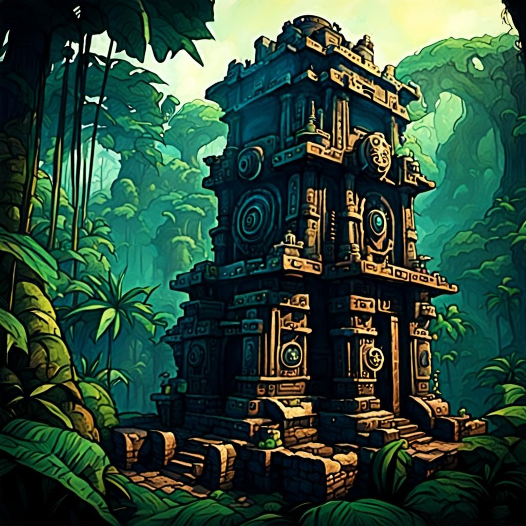 Mayan Temple with Steampunk Engine in Jungle