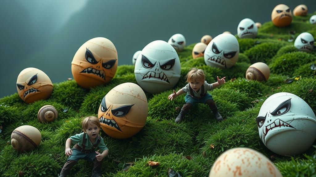 Angry Eggs Tumble Down a Lush Hillside in HDR