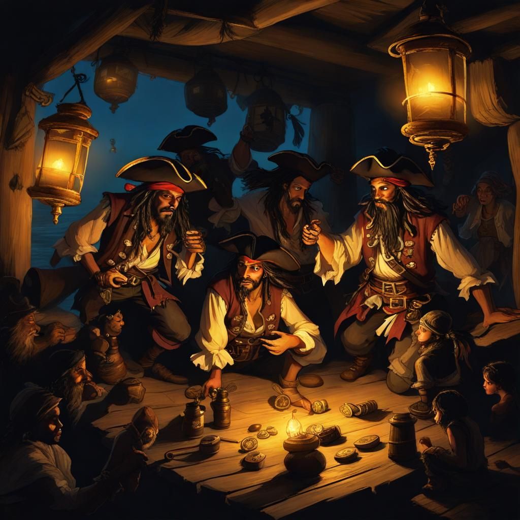 Pirates Count Treasure in Shadowy Hideout