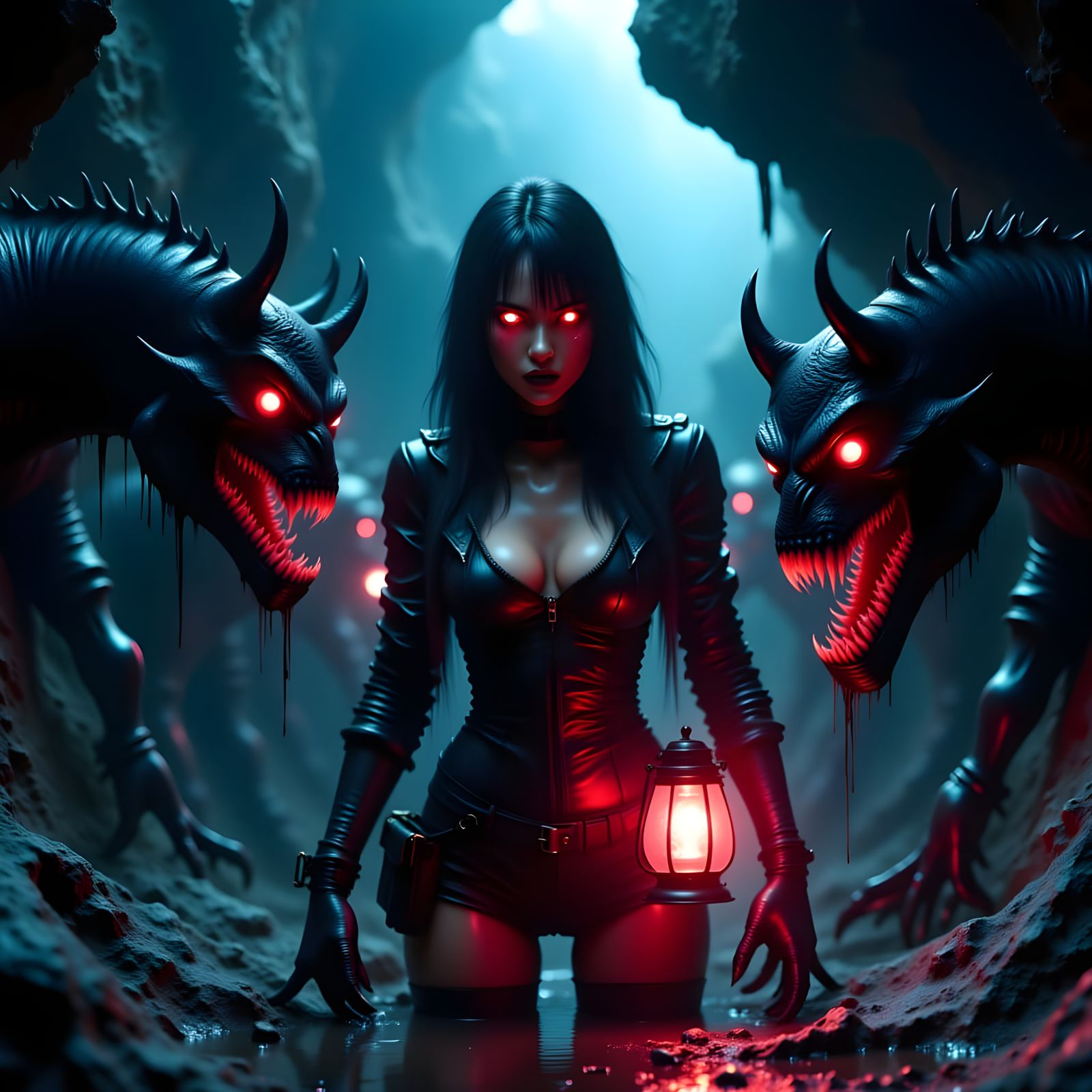 Dark Cyberpunk Girl Attacked by Monsters in Cave