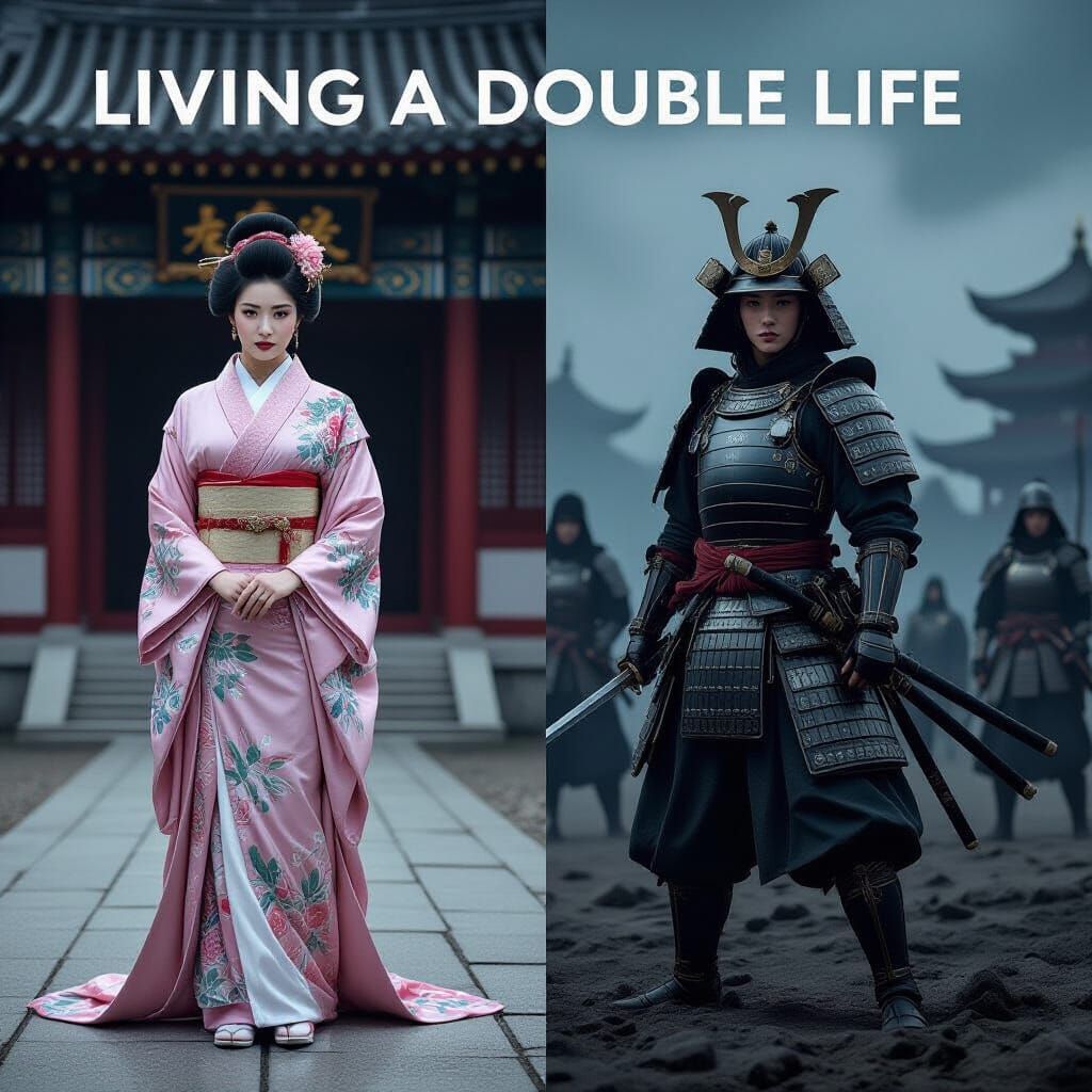 Dual Portrait: Concubine and Samurai in Color-Noir Style