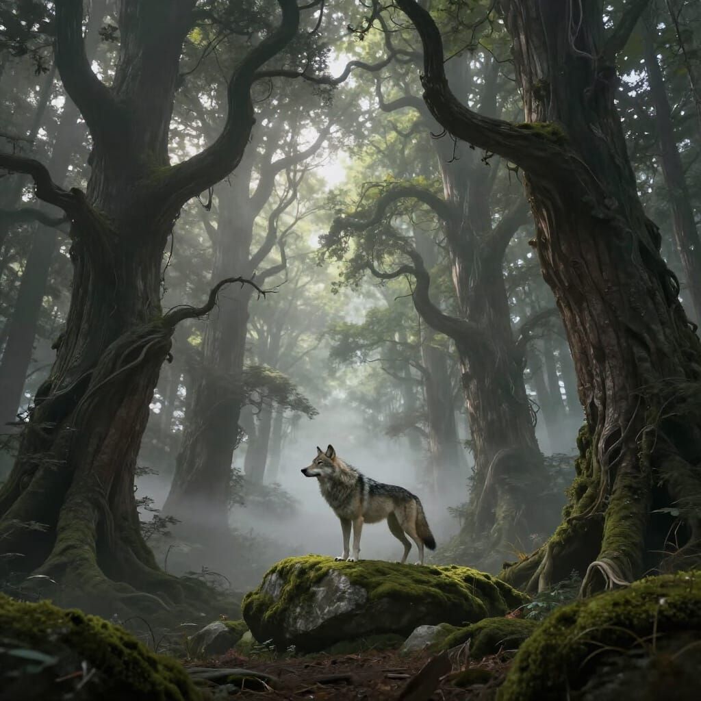 Ancient Wolf in Misty Forest Concept Art