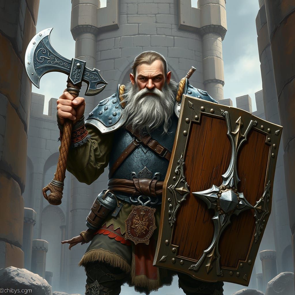 Dwarf Warrior in Armor with Ax and Shield