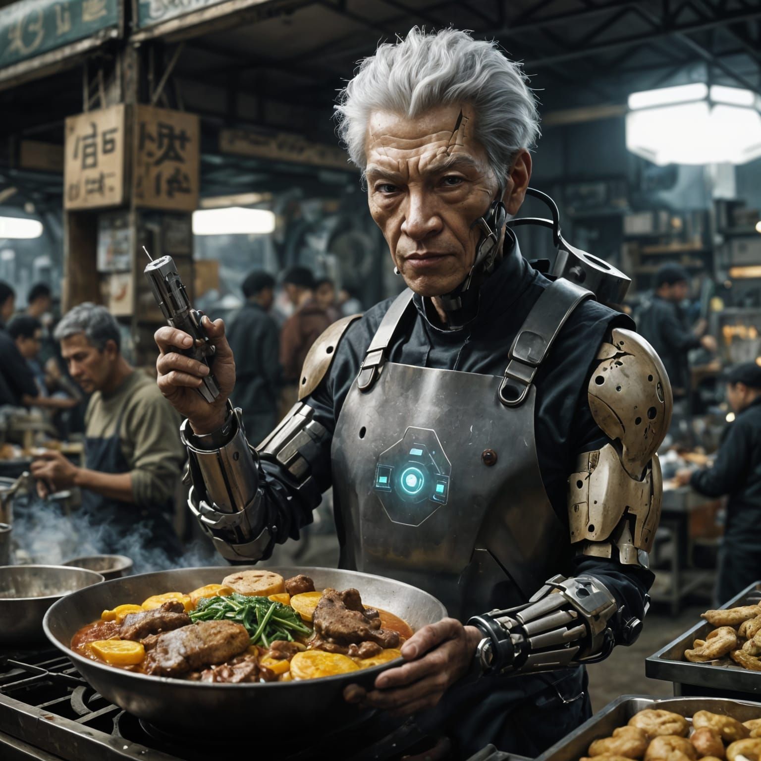 Cyborg Cook in Dreary Sci-Fi Bazaar