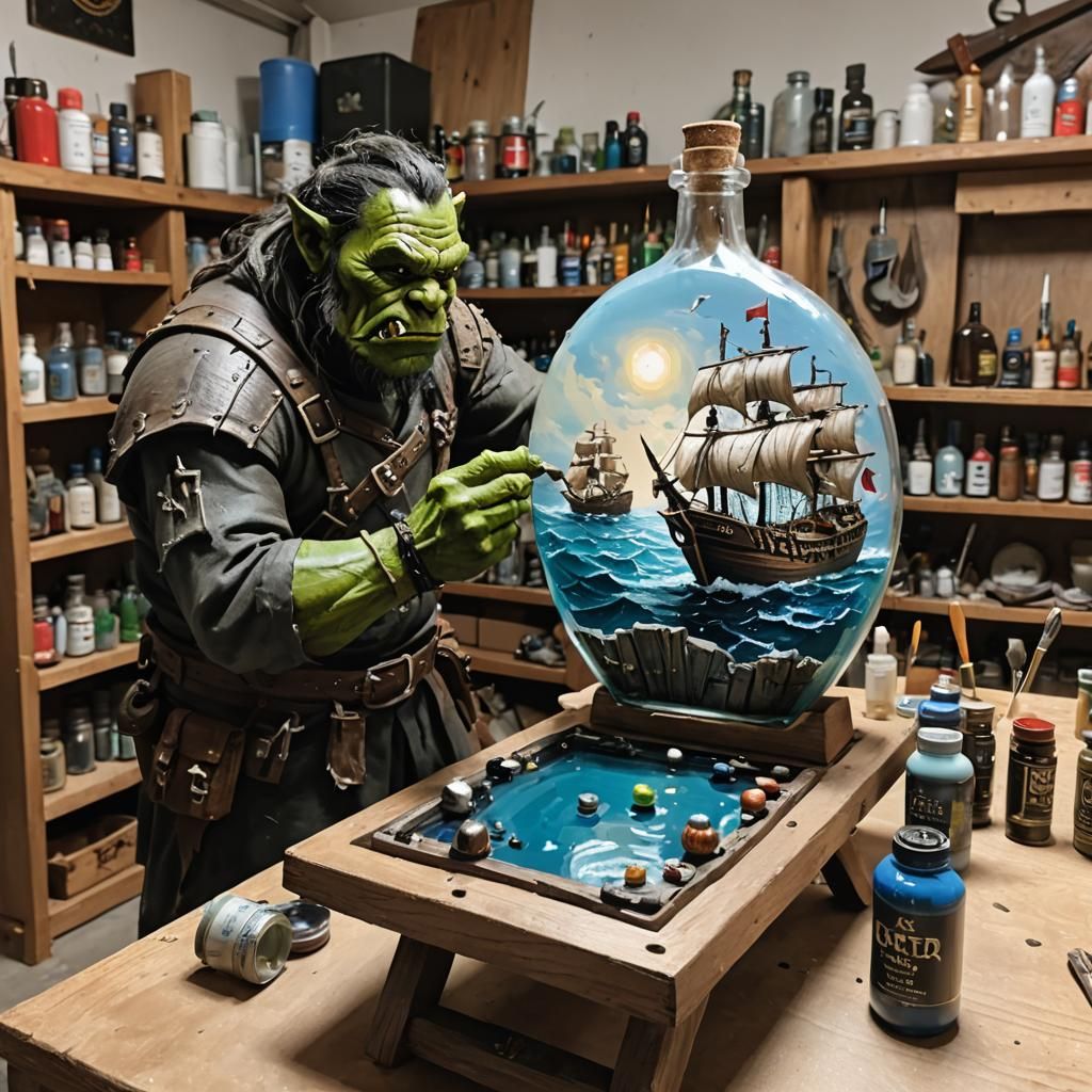 Orc Craftsman Paints Ship in a Bottle