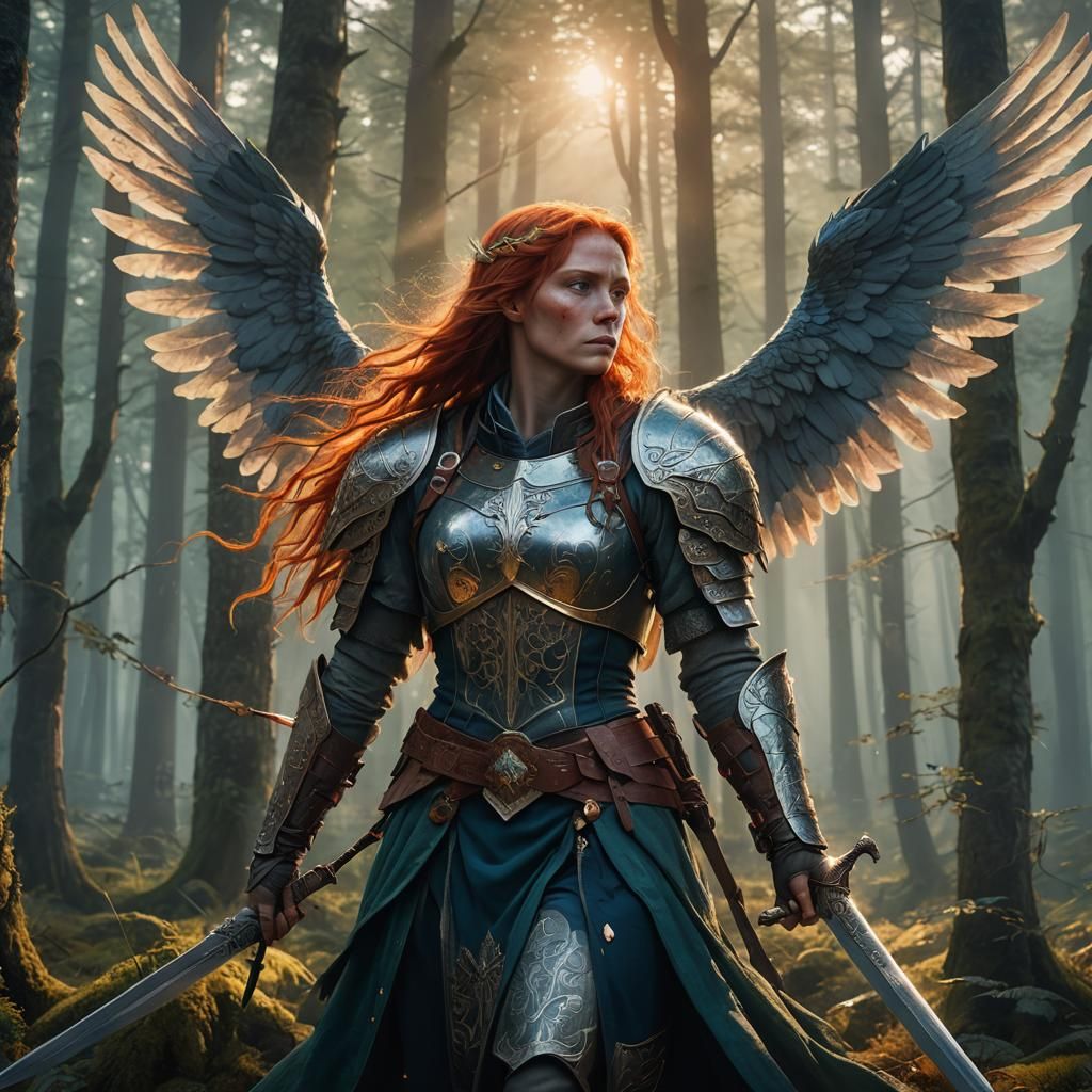 Winged Crusader in Nordic Forest: Fantasy Illustration