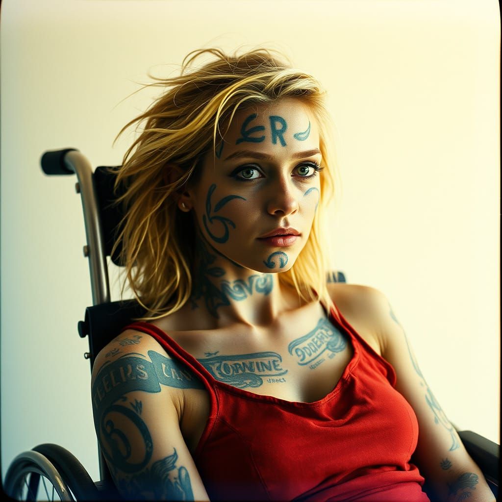 Serenely Tattooed Woman in Vintage Wheelchair, Emotive Portr...