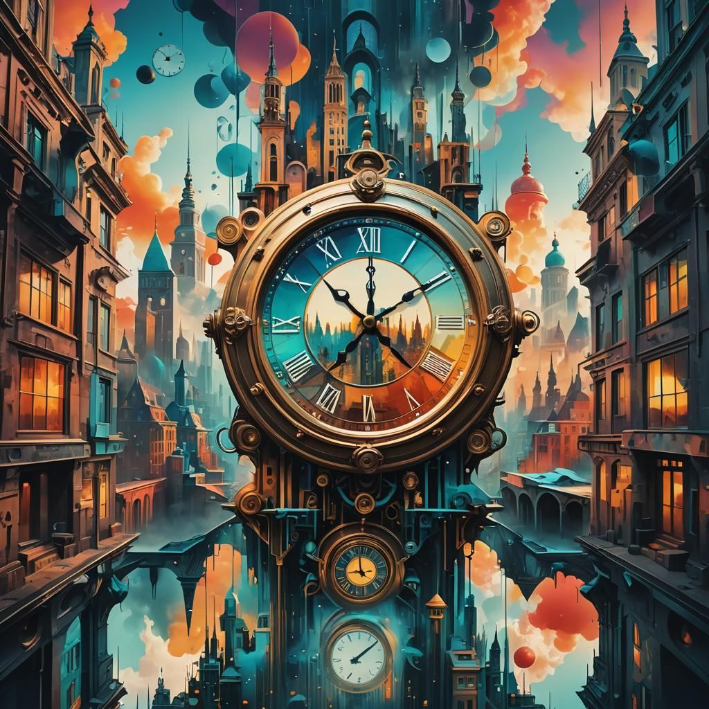 Surreal Pop Art Cityscape with Melting Clocks