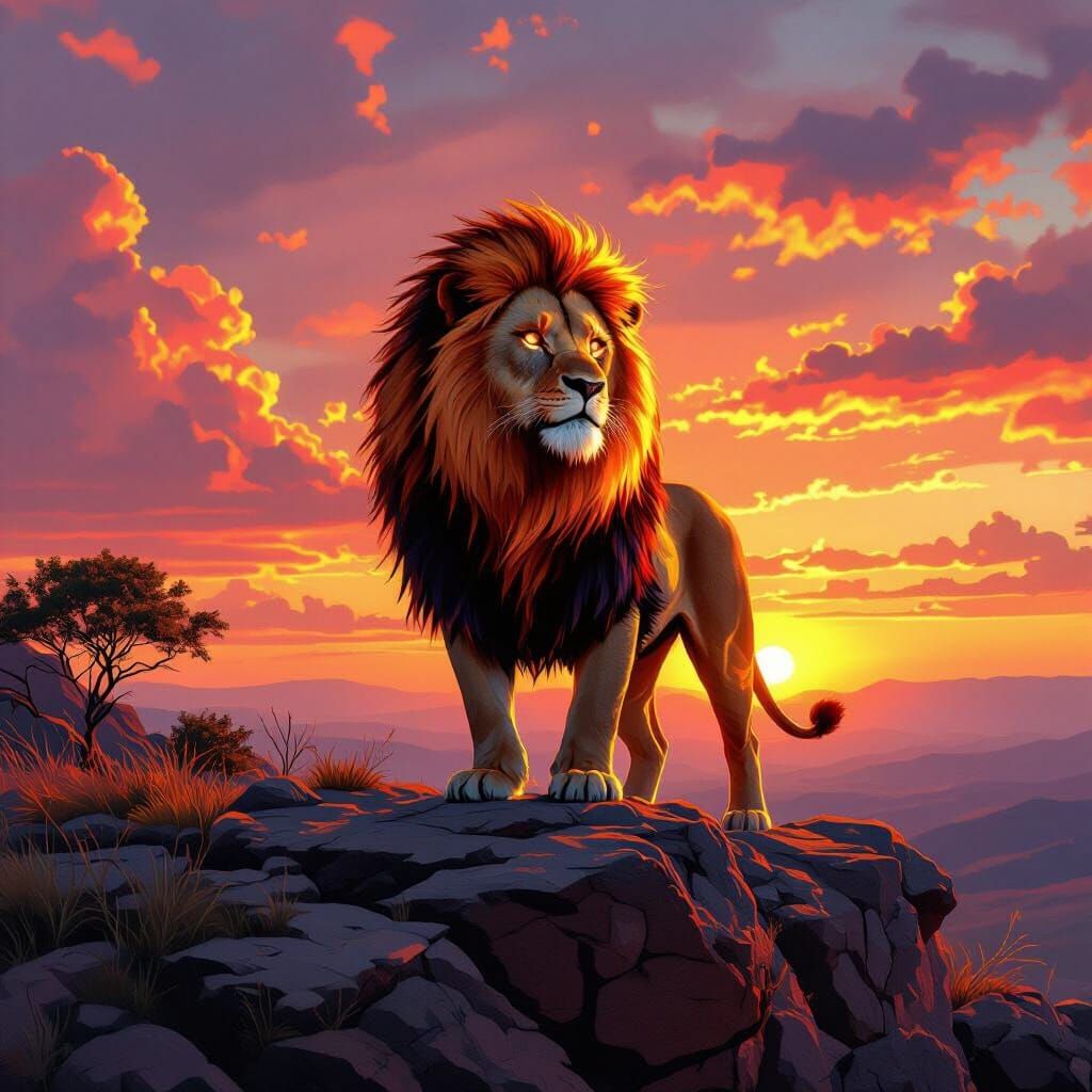 Fiery Lion on Cliff at Sunset, Hyperrealistic Art