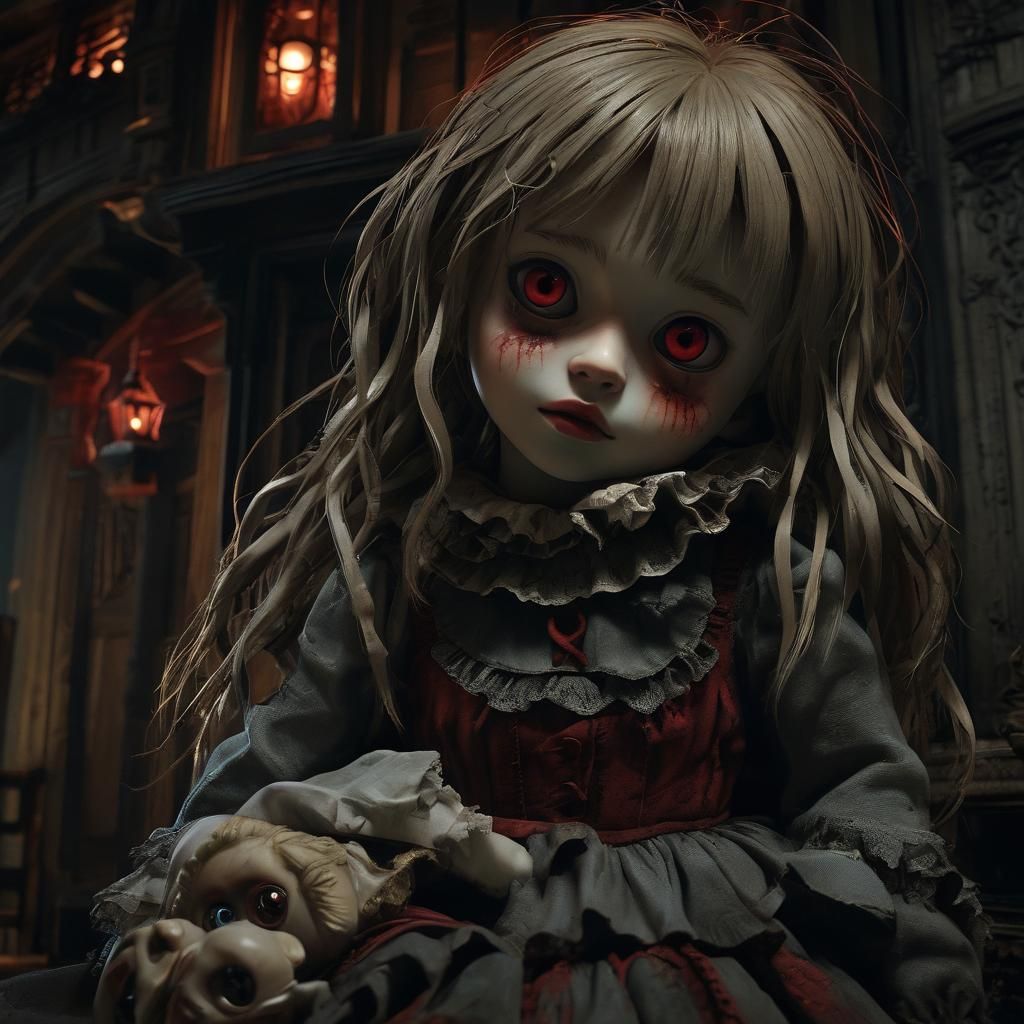 a haunted doll there with red eyes, at night, fearful , near...