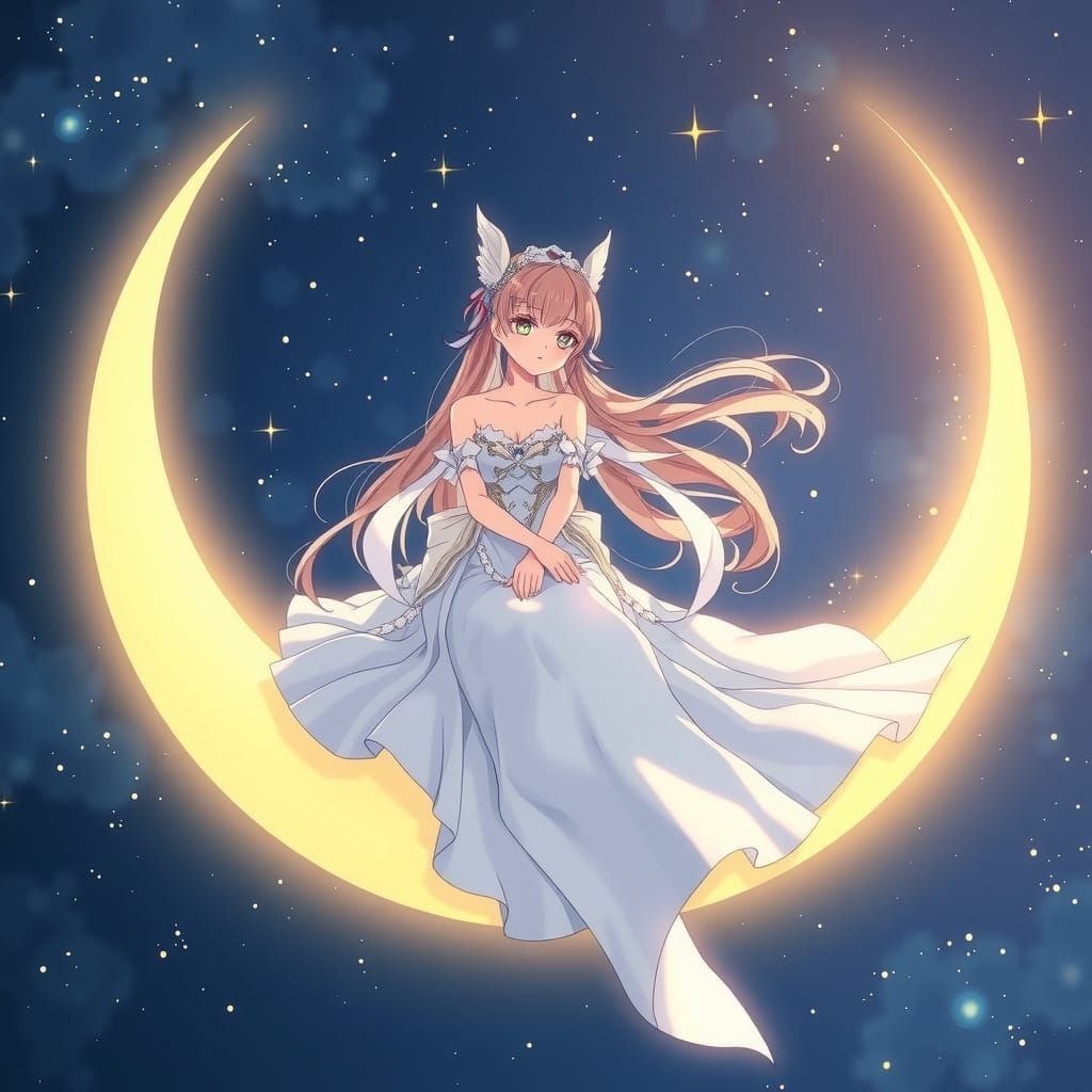 Night Goddess on Crescent Moon, Anime Style