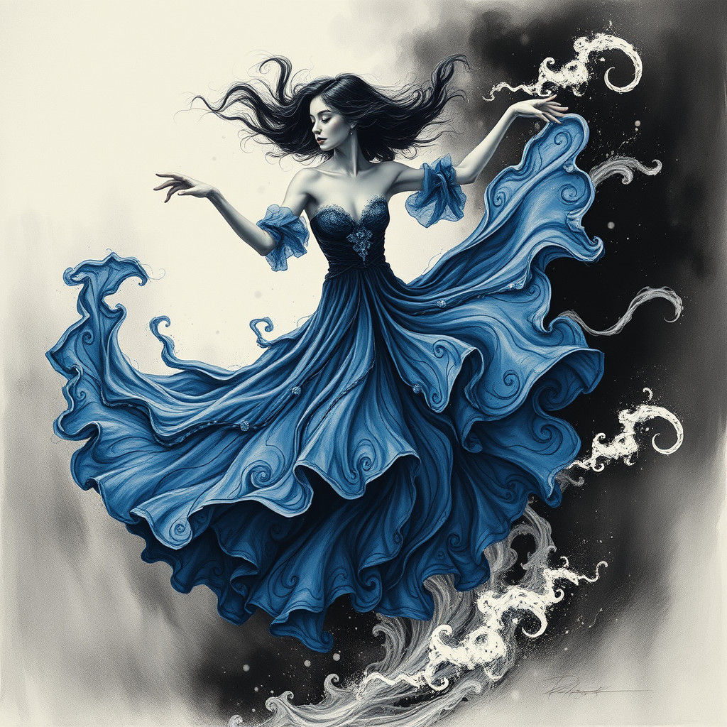 Dynamic Dance in Monochrome Blue, Charcoal Drawing