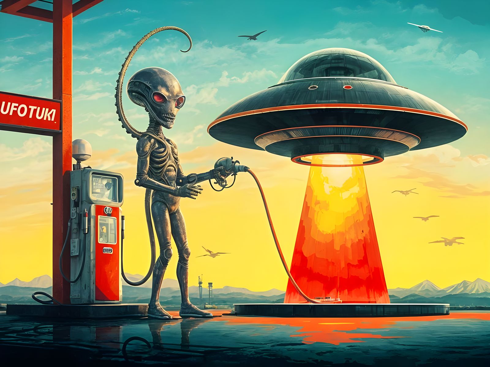 Alien Refuels UFO at Retro Gas Station