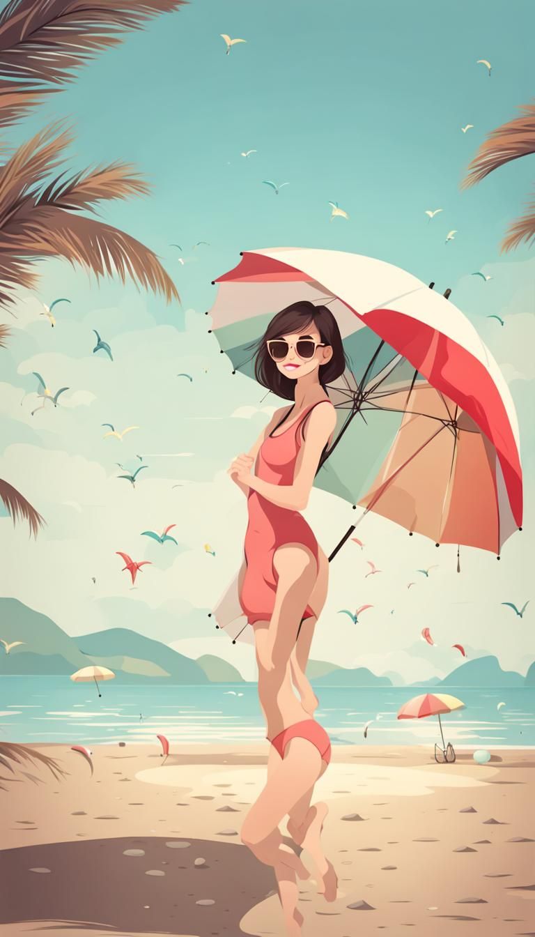 Girl on Beach with Umbrella in Digital Art