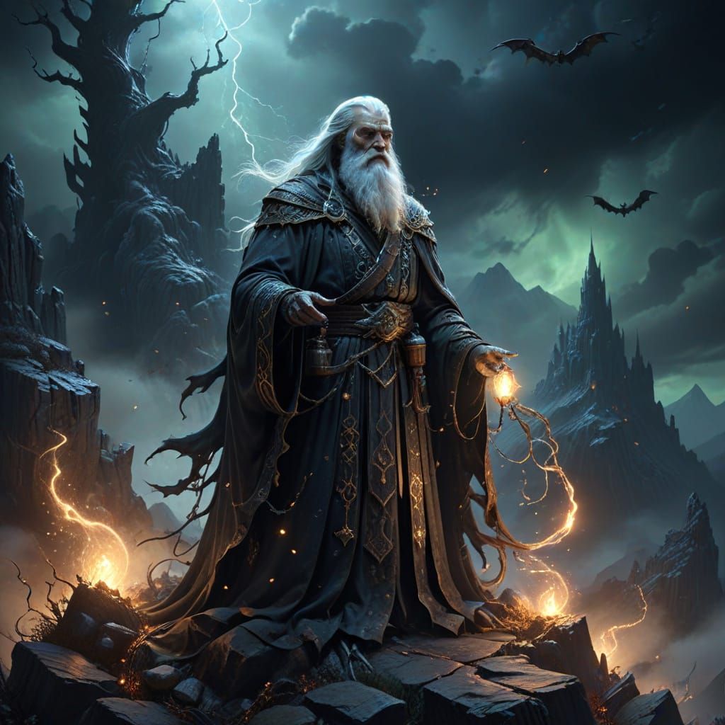 Wise Wizard Conjures Energy Amid Dragons and Fog
