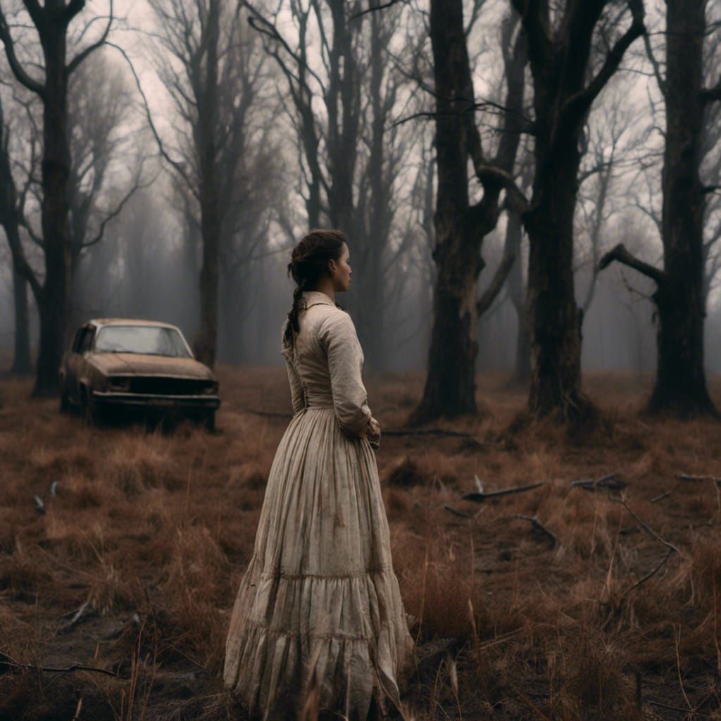 Eerie Encounter: Woman and Car in Dark Clearing