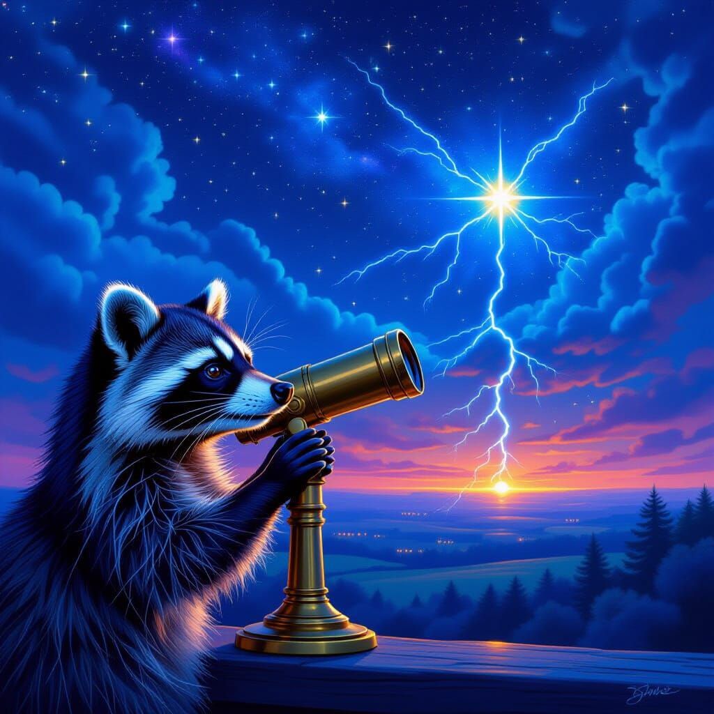 Whimsical Raccoon Gazes at Starry Sky with Lightning