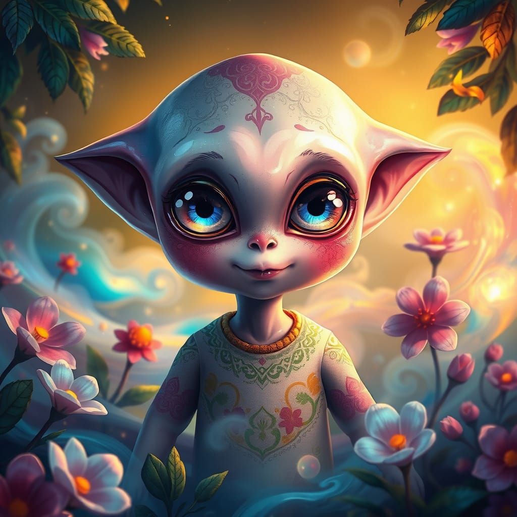 Whimsical Alien Child in Dreamlike Fantasy Landscape