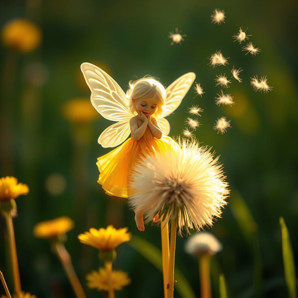 Whimsical Fairy Blows Dandelion Seeds on a Sunny Day