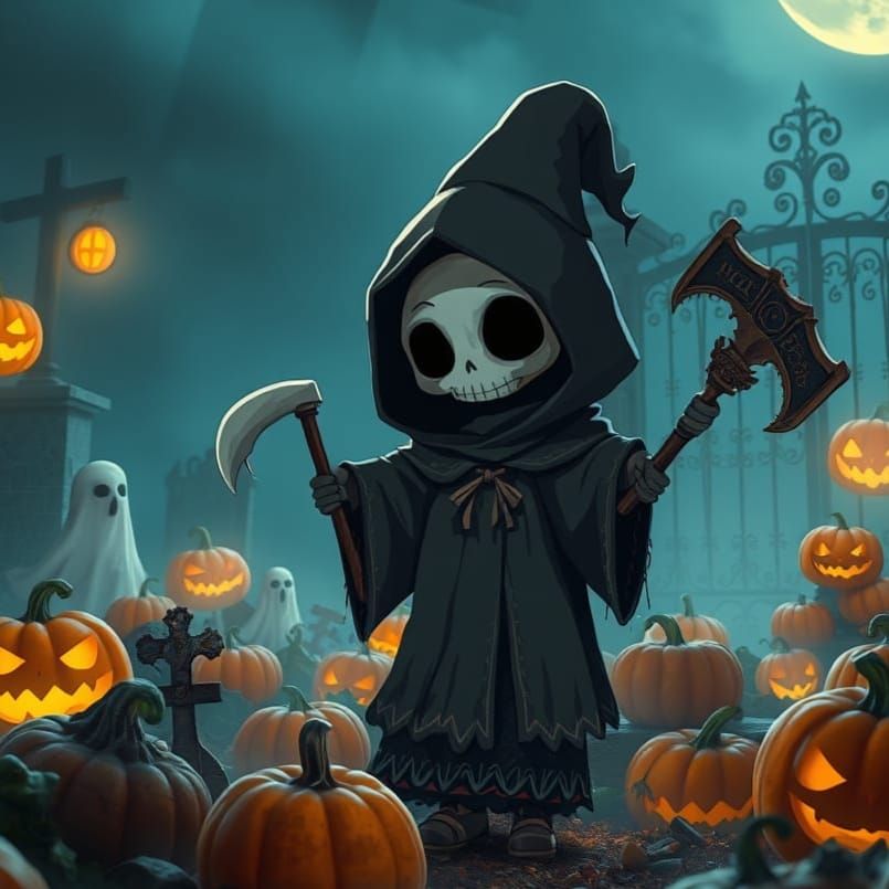 Chibi Reaper in Moonlit Gothic Graveyard with Glowing Pumpki...
