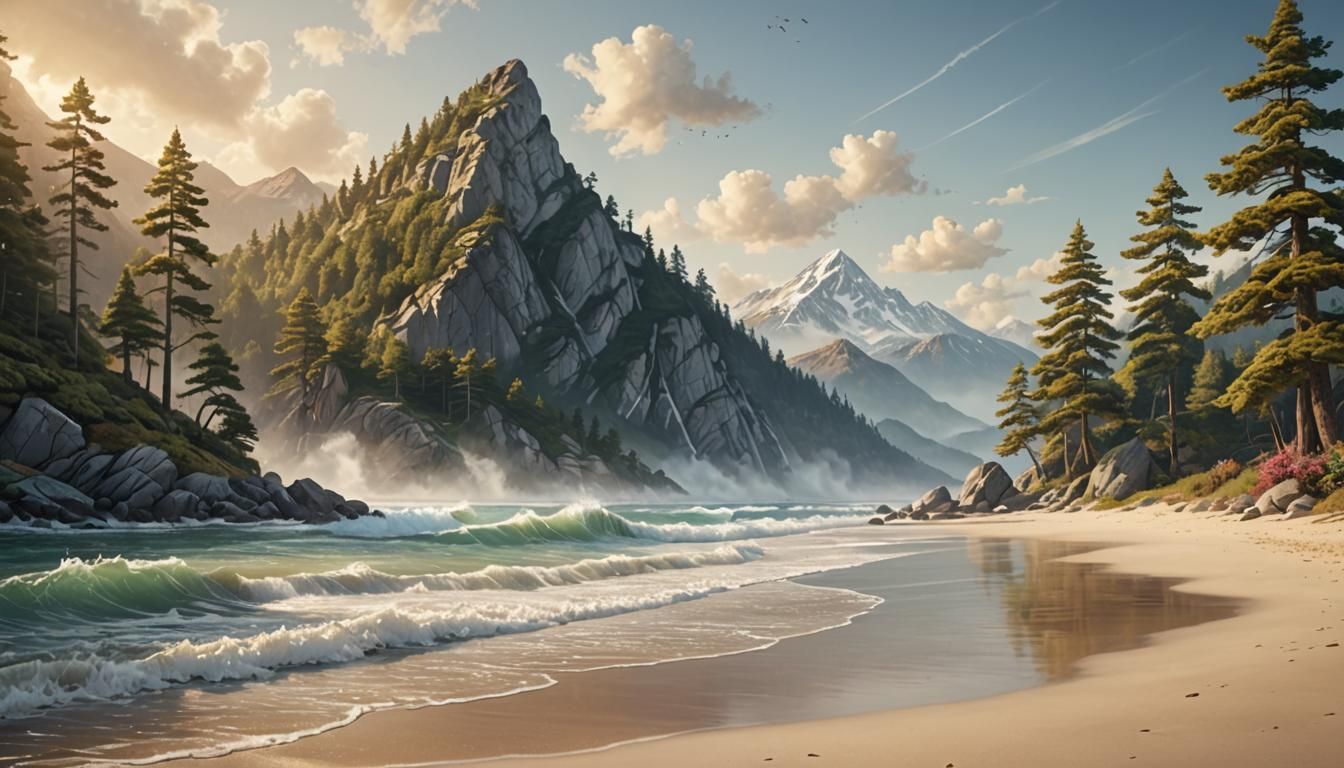 Majestic Mountains Meet Serene Sea at Dawn