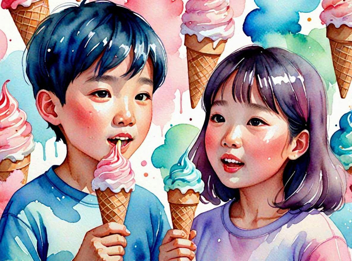 Singaporean Children Eating Ice Cream, Illustrative Style