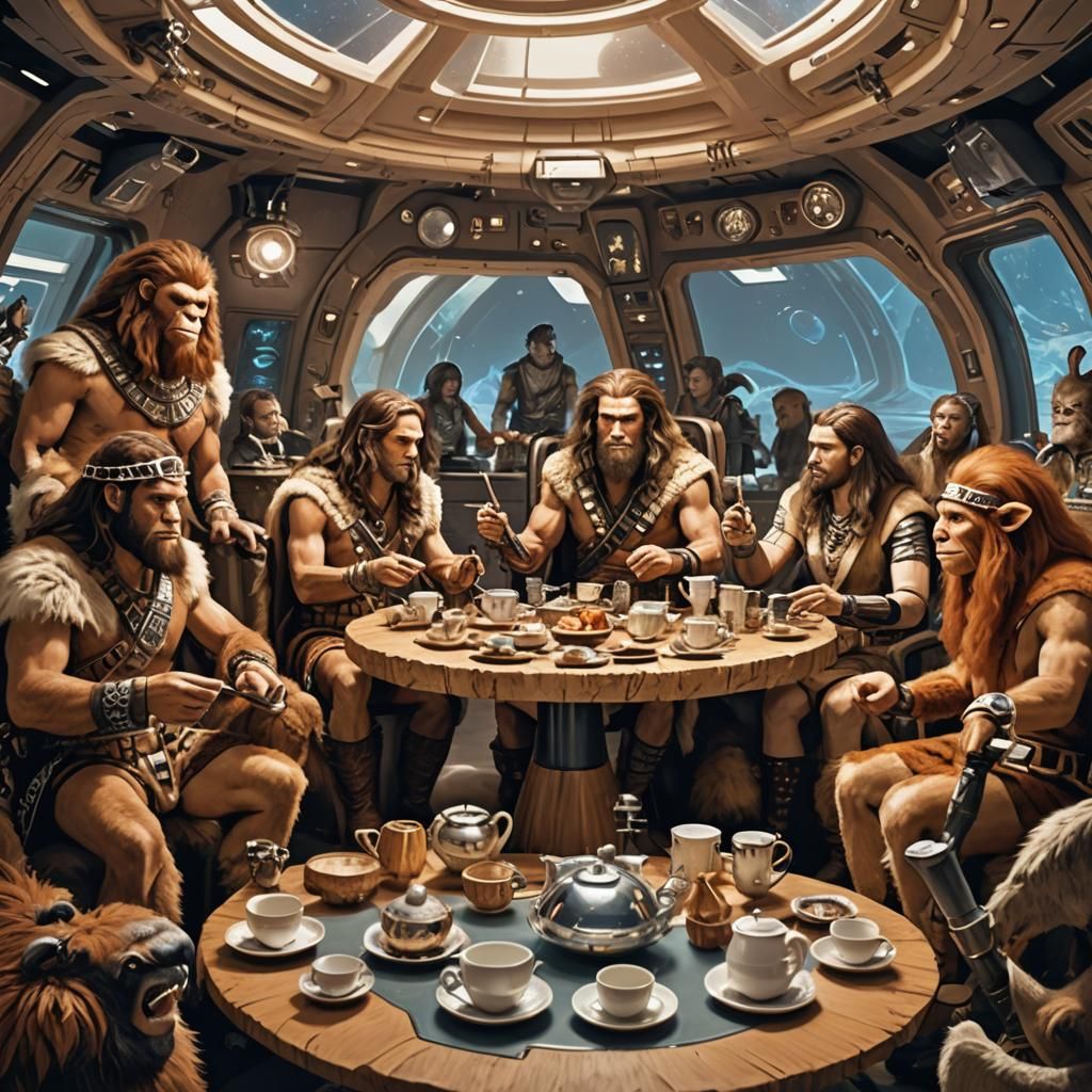 Cavemen Tea Party Inside a Spaceship