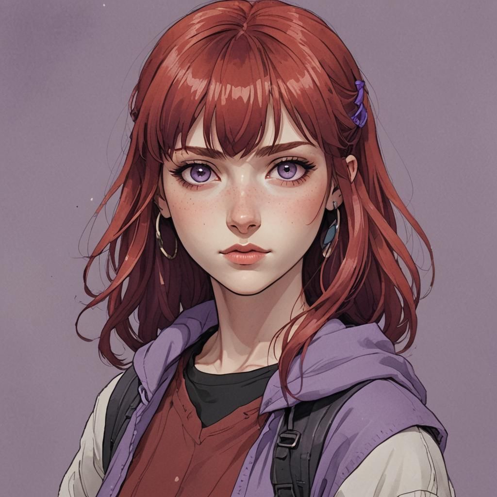 Half-Illyrian Woman with Red Hair and Purple Eyes
