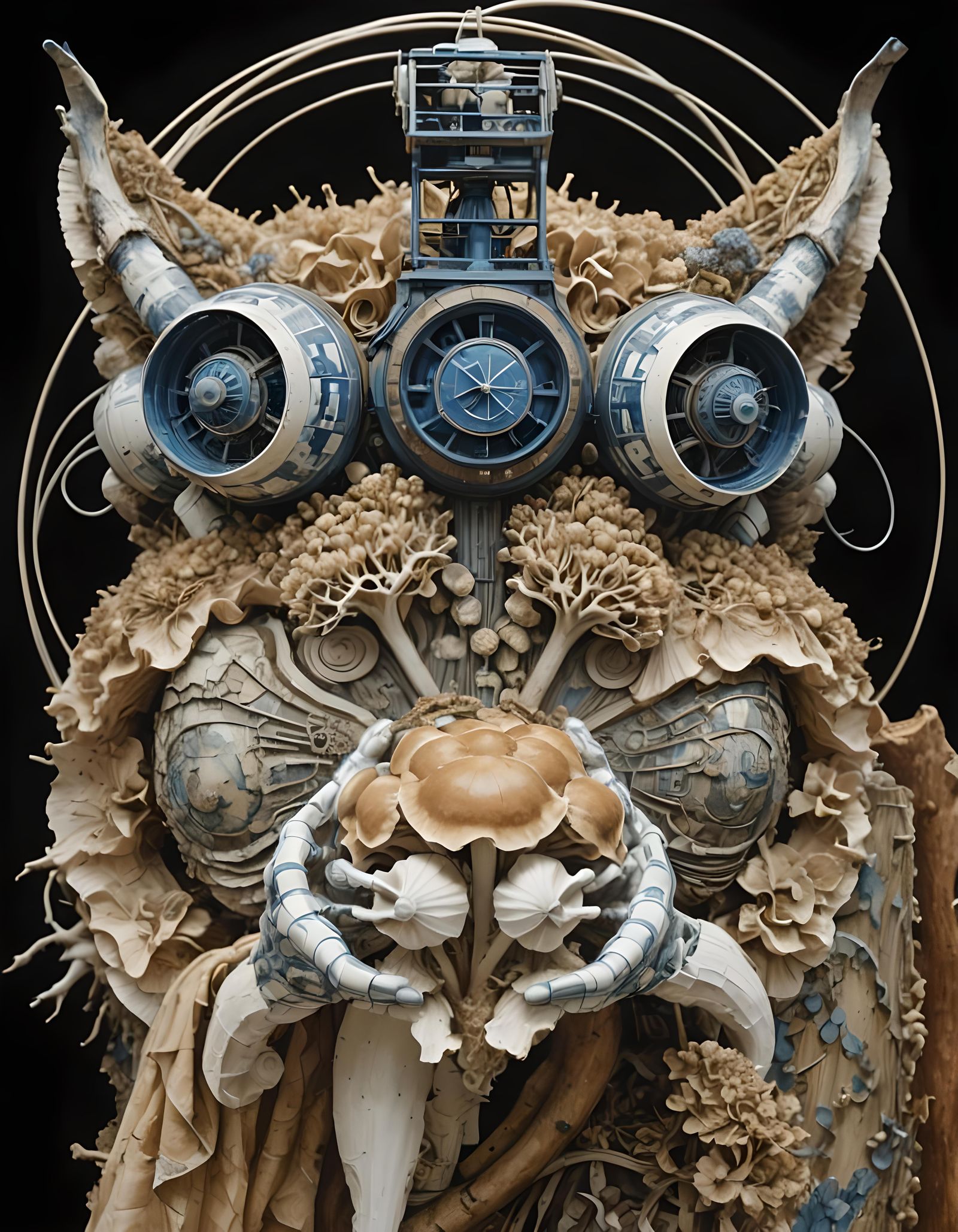 Mushroom Workers in Blue and White Linocut Style