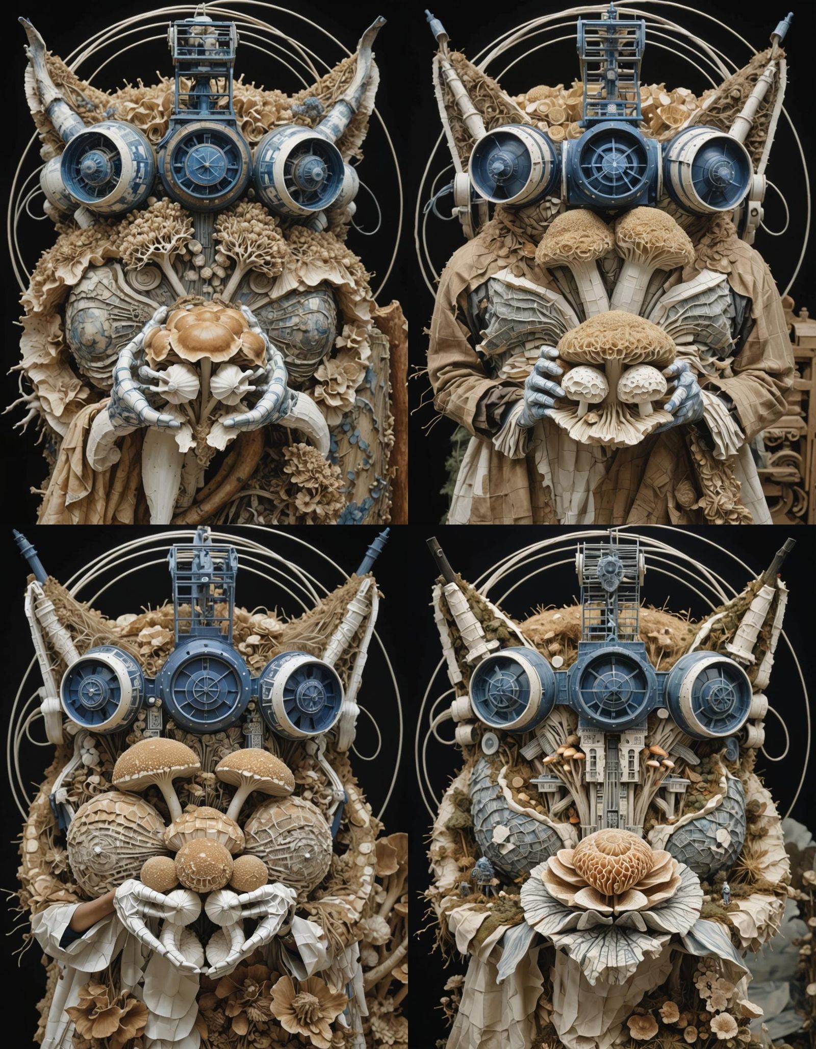 Blue and White Linocut Print of Mushroom Cultivation