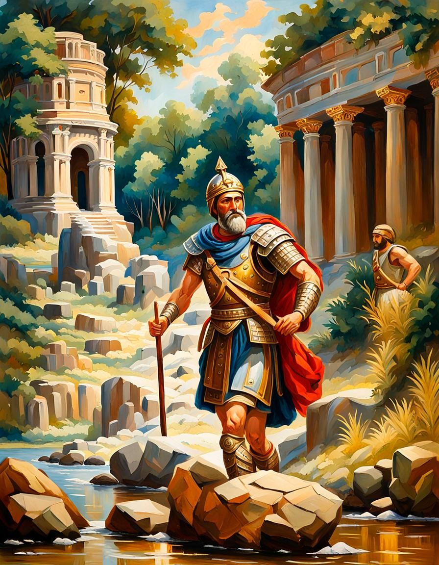 Rosicrucian Explorer in Ancient Temple: Gouache Oil Painting
