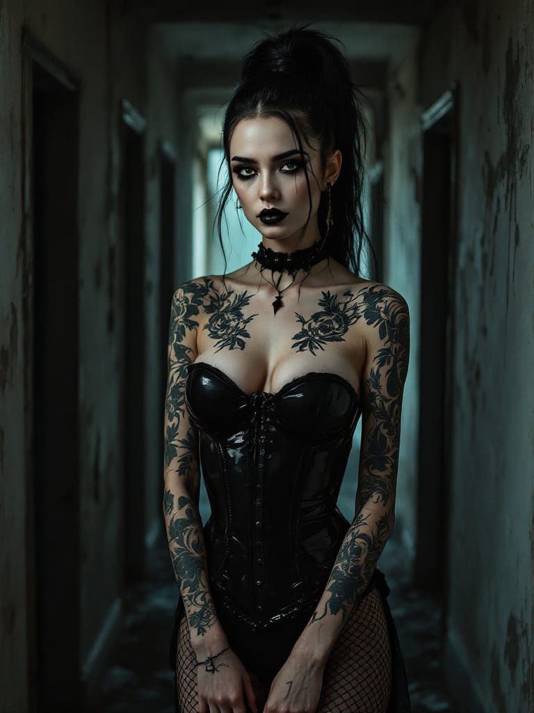 Gothic Portrait: Tattooed Woman in Dark Hallway