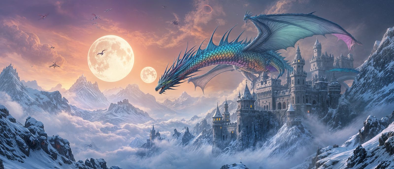 Surreal Dragon Soars Over Alien Castle in Cyberpunk Aestheti...