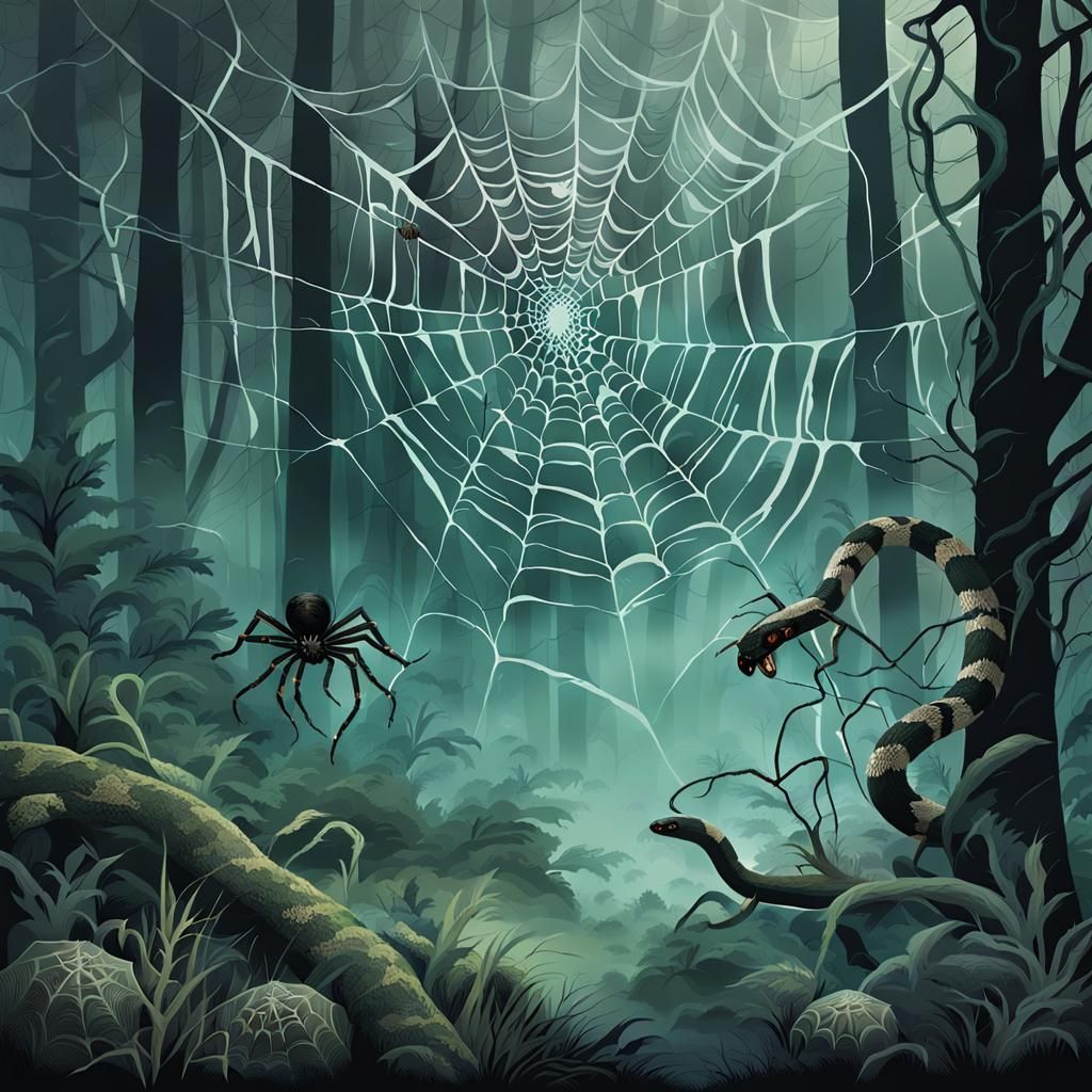 Eerie Forest Scene with Spiders and Mist