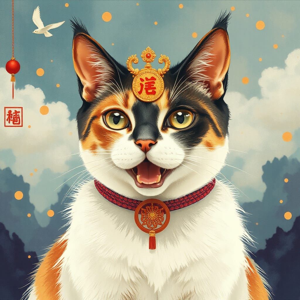 Legendary Heavenly Chinese Cat in Abstract Art Style
